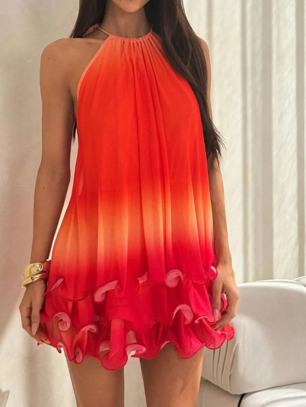 Multicolor Boho Beach Women's Knotted Halter Loose Mini Dress - Picture 4 of 6